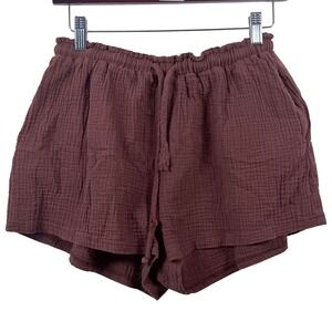 Papermoon L Cotton Double Gauze Beach Shorts Brown Elastic Drawstring Boho GUC